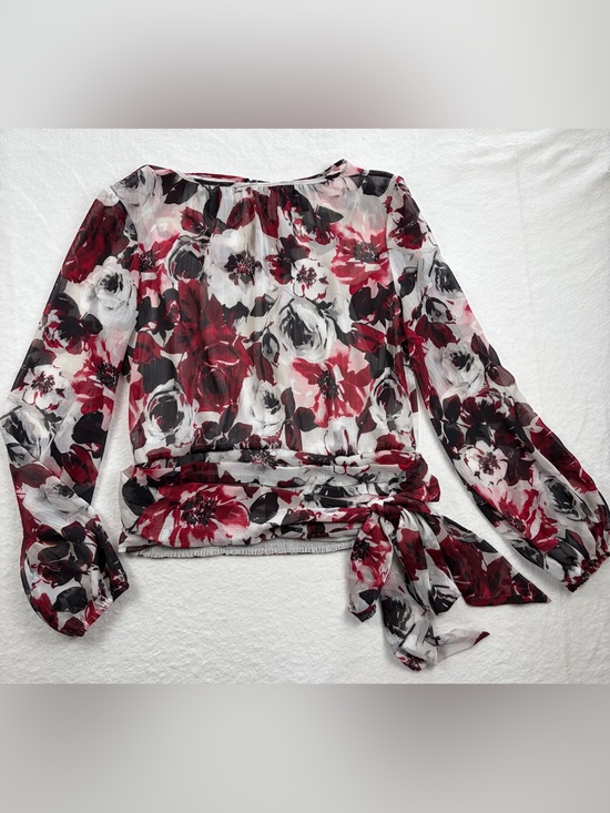 White House Black Market Tops - White House Black Market‎ Red, Black & White Floral Tie-Waist Blouse
